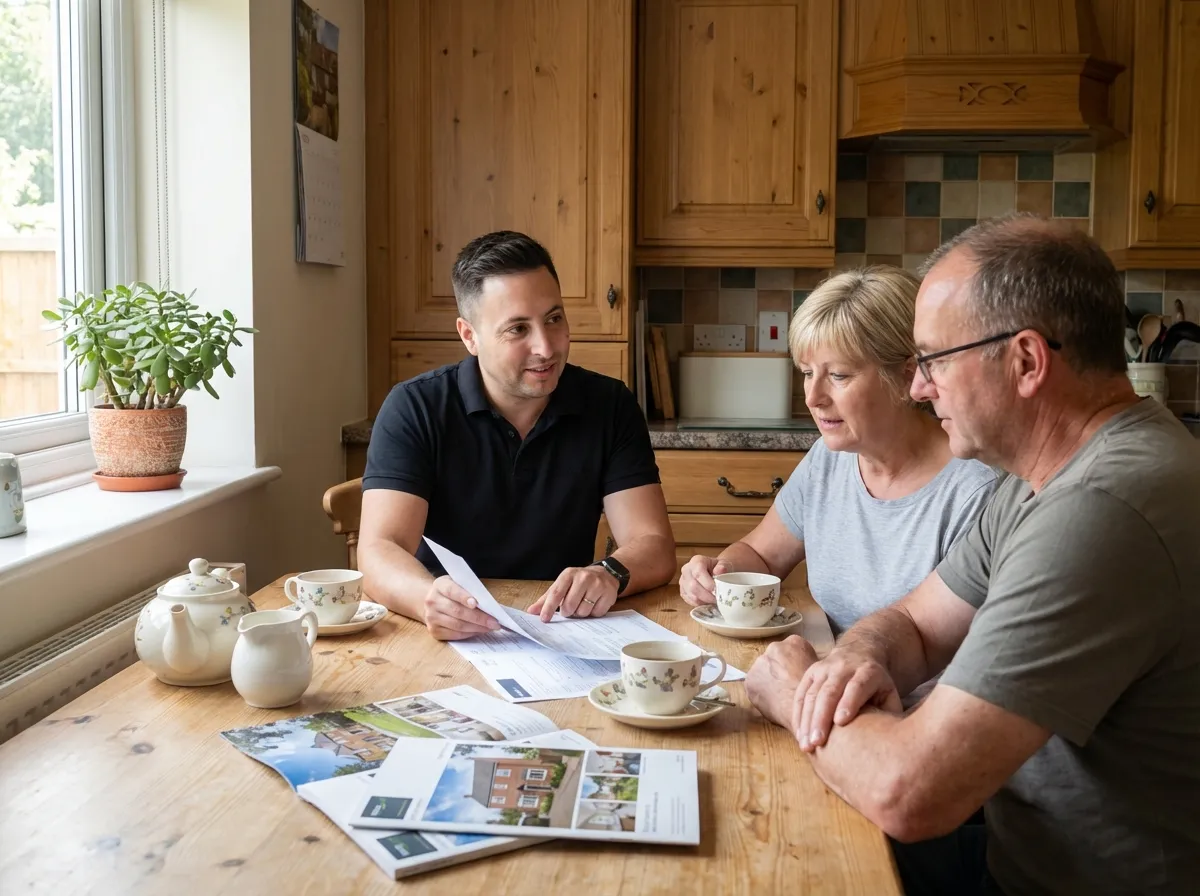 Estate agent consulting with clients at home - personal service