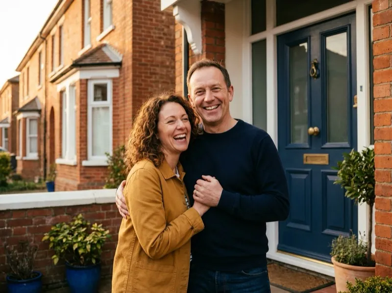 Happy homeowners outside their sold property - successful property sale